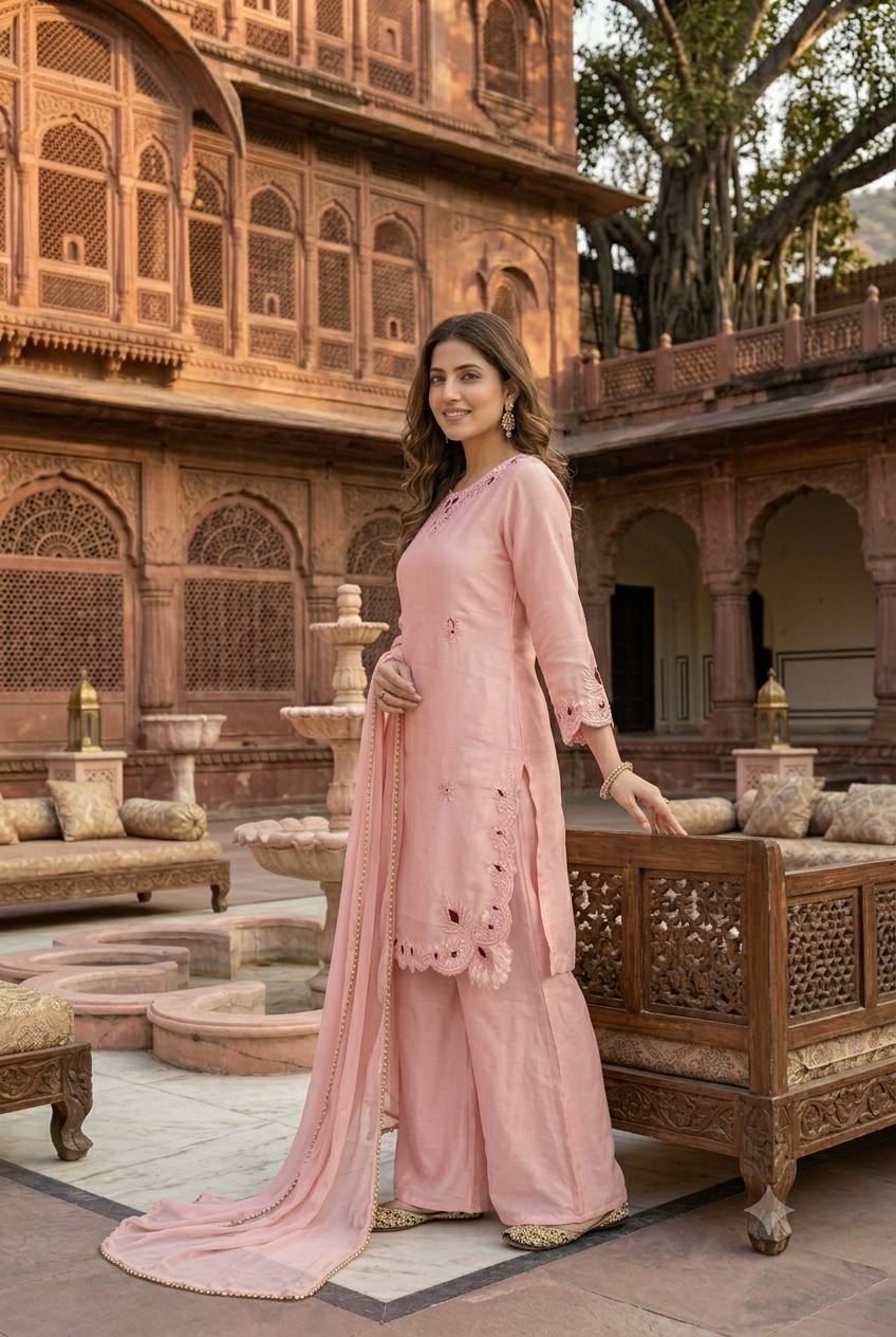 Bespoke Peach Satin Ensemble
